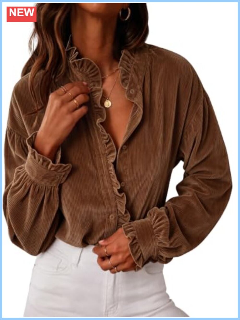 Womens Corduroy Ruffle Button Down Blouse Long Sleeve Loose Fit Top